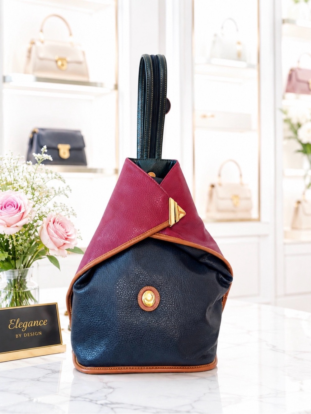 Alfred Sung Navy Burgundy Leather Sling Shoulder Bag Colorblock Vintage